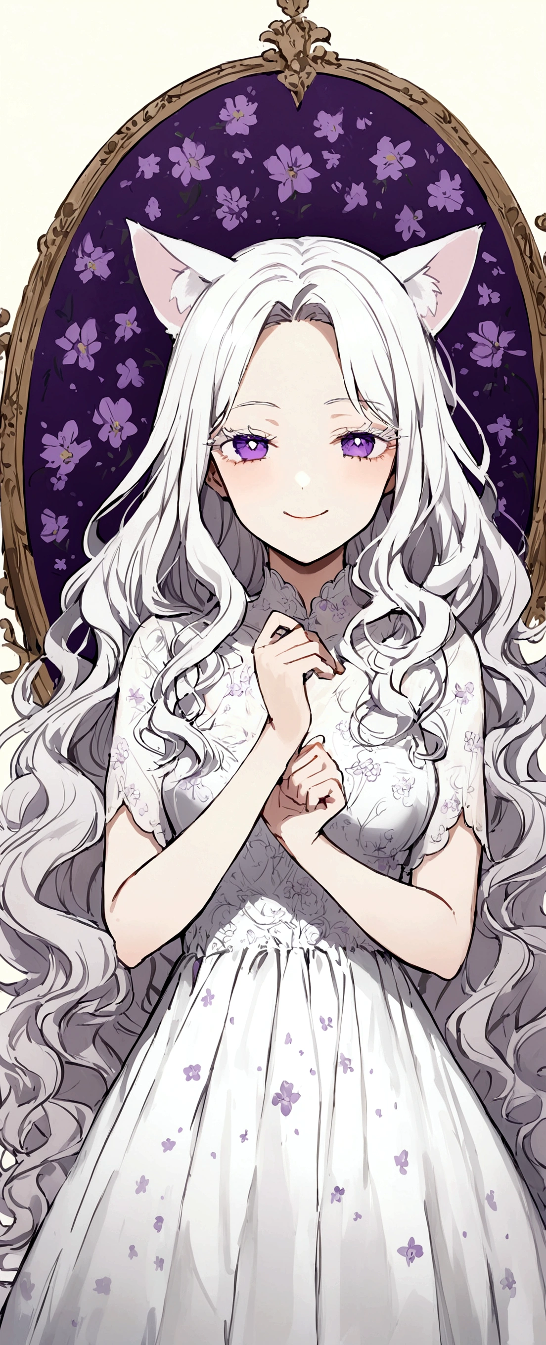 Wink,Long Wavy Hair,White hair is very attractive, Detailed and precise manual work, Attractive girl, White cat ears,Purple eyes and white eyelashes,Light in your eyes,Angel&#39;s wing,A dumb face,A delicate, flowing white dress with purple floral print, Hand-drawn illustration,Broad background,
