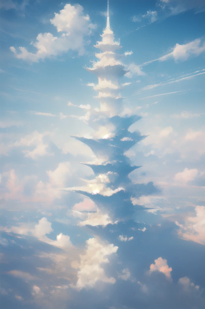 Gently illustration, Soft atmosphere, Pastel colored pencil illustrations, Surreal, meticulously made, Ultra-high quality, Ultra Detailed, landscape, Sky, cloud，Sky, architecture, Sky Palace Castle，Looming，极好的landscape, Magnificent views, 在cloud端，Solitary，Floating island in the air