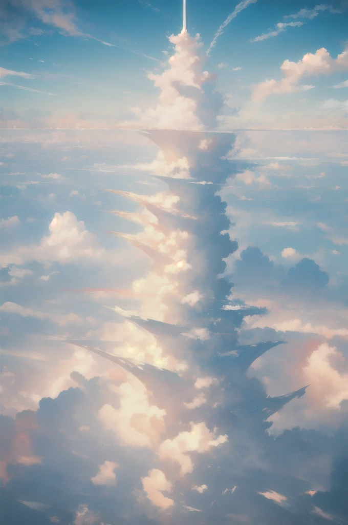 Gently illustration, Soft atmosphere, Pastel colored pencil illustrations, Surreal, meticulously made, Ultra-high quality, Ultra Detailed, landscape, Sky, cloud,Sky, architecture, Sky Palace Castle,Looming,极好的landscape, Magnificent views, 在cloud端,Solitary,Floating island in the air