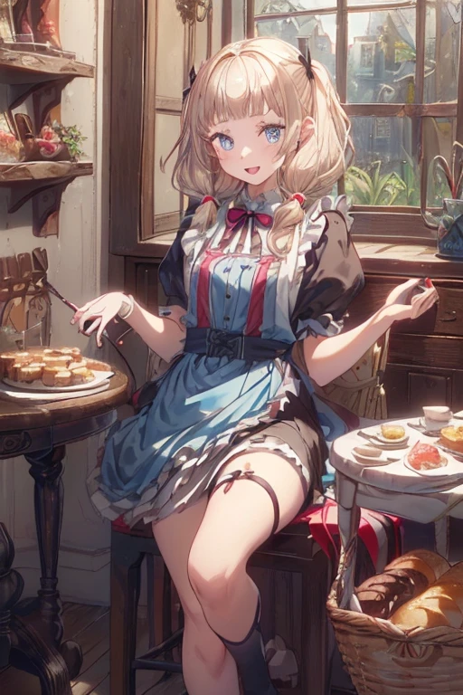 (perky chest:1.2), (pointed chest:1.2),(((Black Tunic:1.3))),(((cakes and bread in the basket),Cute and beautiful girl,Cute round face,Cute smile,with blush cheeks,Red Lip,a girl 22 years old, nsfw:1.2, beautiful body:1.3), shinny skin, BREAK, ((alice in the wonderland:1.3, cute, kawaii, lovely, funny, a girl falling down from sky:1.3, girl flying in sky:1.2, girl floating in air:1.3, rolling upskirt by wind:1.5, (with sparkling eyes and a contagious smile),open mouth, Looking at Viewer, surprised, putting hands on crotch over the skirts:1.35)), BREAK, ((floating things as follows:1.3, PlayingCards, Trump, tea cup, tea pot, tea spoons, pocket watch:1.3, lip sticks, candies:1.2, cookies, jam bottles, classical door_keys)), ((long purply_Blue dress :1.5, wearing long flaired skirt:1.3, the skirt is blowing:1.3, cute White Apron, black stockingedium long platinum-blonde hair:1.2, twin tail hair:1.6, tied hair with a large ribbon), (Blue eyes, bright pupils with highlights, detailed eyes), (lying down on your back:0.7, spreading legs with rising up straight:0.7), sexy posture, fantastic colorful art, (fantasy art:1.2, wondered images), ((correct anatomy:1.5, perfect anatomy:1.3, correct hand, small foot:1.2)),
