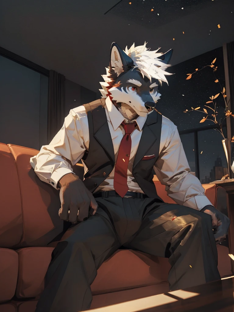 (masterpiece,best quality,Extremely detailed,Perfect anatomical structure),hairy,Wildlife, Perfect lighting,Light Particles,Clear focus,Light Particles,dog,author:Sky Demon,inside ((living room)),((siting)),Break the dark theme,Solitary foucs,male,male focus,anthropology,Canine,White Wolf,(Lean,Tall),((Adolescent body type))), (White body:1.7,White hair:1.5),(Black ears),(Red eyes),Exquisite eyes, Cold expression,Scar between eyes,arrogant,White shirt,Black suit vest,(Red tie),Gray-black pants,Left thigh with leg ring,Black Suspenders(Naked,Square),Black suspenders,Left shoulder wound,((Red sparks coming out of the wound)),(Through clothes)