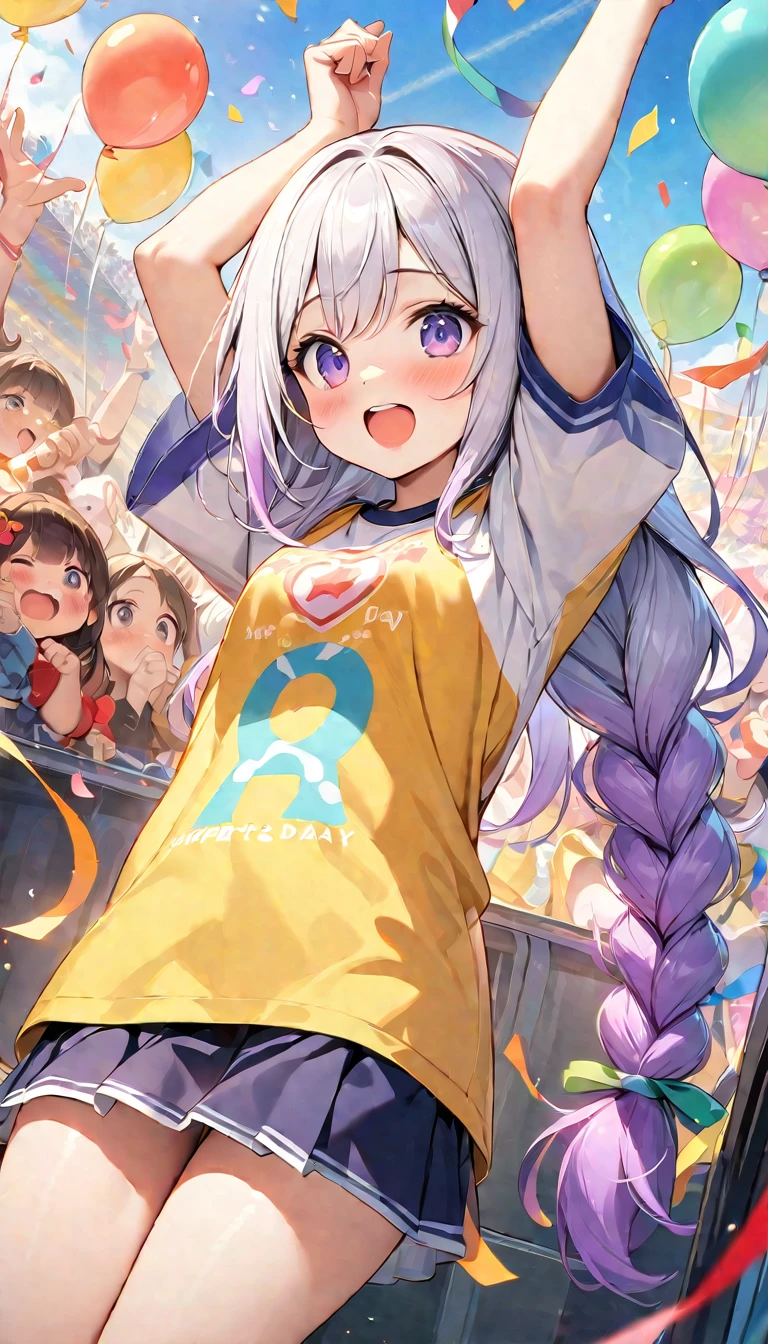 (Best quality, 8K, 32k, masterpiece, Ultra HD:1.3), (Children's Day illustration), Two children in short-sleeved T-shirts and short skirts cheering with their hands raised on the stage, yinji, Purple Hair, Purple Eyes, Long hair, White hair, Double braid, Gradient hair, Bright and warm, There are streamers and balloons everywhere., Crowd cheering. Characters make up only a small part of the picture.