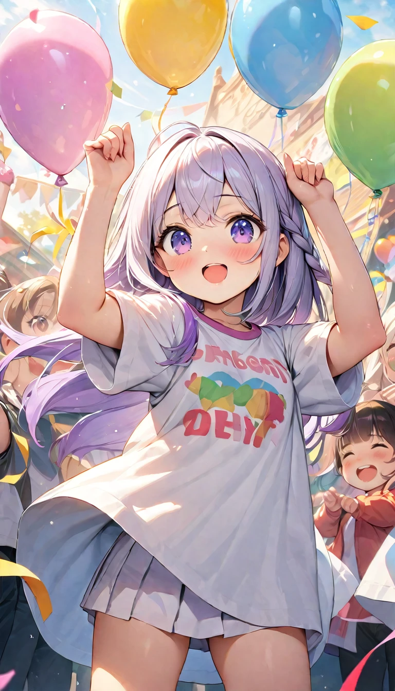 (Best quality, 8K, 32k, masterpiece, Ultra HD:1.3), (Children's Day illustration), Two children in short-sleeved T-shirts and short skirts cheering with their hands raised on the stage, yinji, Purple Hair, Purple Eyes, Long hair, White hair, Double braid, Gradient hair, Bright and warm, There are streamers and balloons everywhere., Crowd cheering. Characters make up only a small part of the picture.