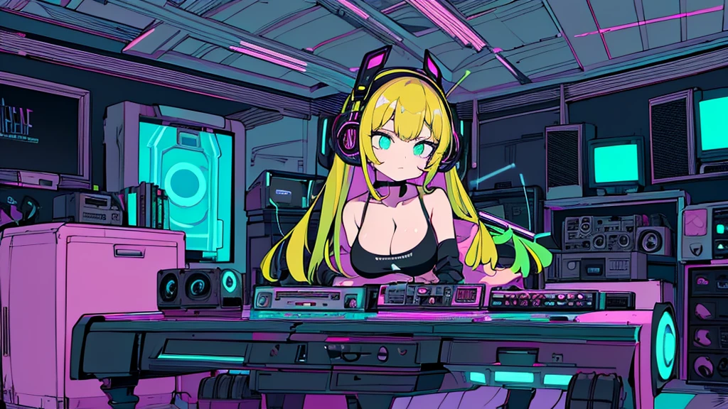 Best quality, (masterpiece), best detail face,1 girl, big breasts, 18 yo, 8k,absurdres,unity 8k wall paper,(extremely detailed:1.3), highest realistic, (retro headphones:), (soft neon light:), (psychedelic), Her room full of music equipment and plants, sexy sports wear , See the whole room, She is leaving the room, dark yellow color palette