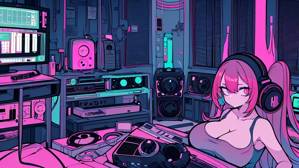 Best quality, (masterpiece), best detail face,1 girl, big breasts, 18 yo, 8k,absurdres,unity 8k wall paper,(extremely detailed:1.3), highest realistic, (retro headphones:), (soft neon light:), (psychedelic), Her room full of music equipment and plants, sexy sports wear , See the whole room, She is leaving the room, dark yellow color palette