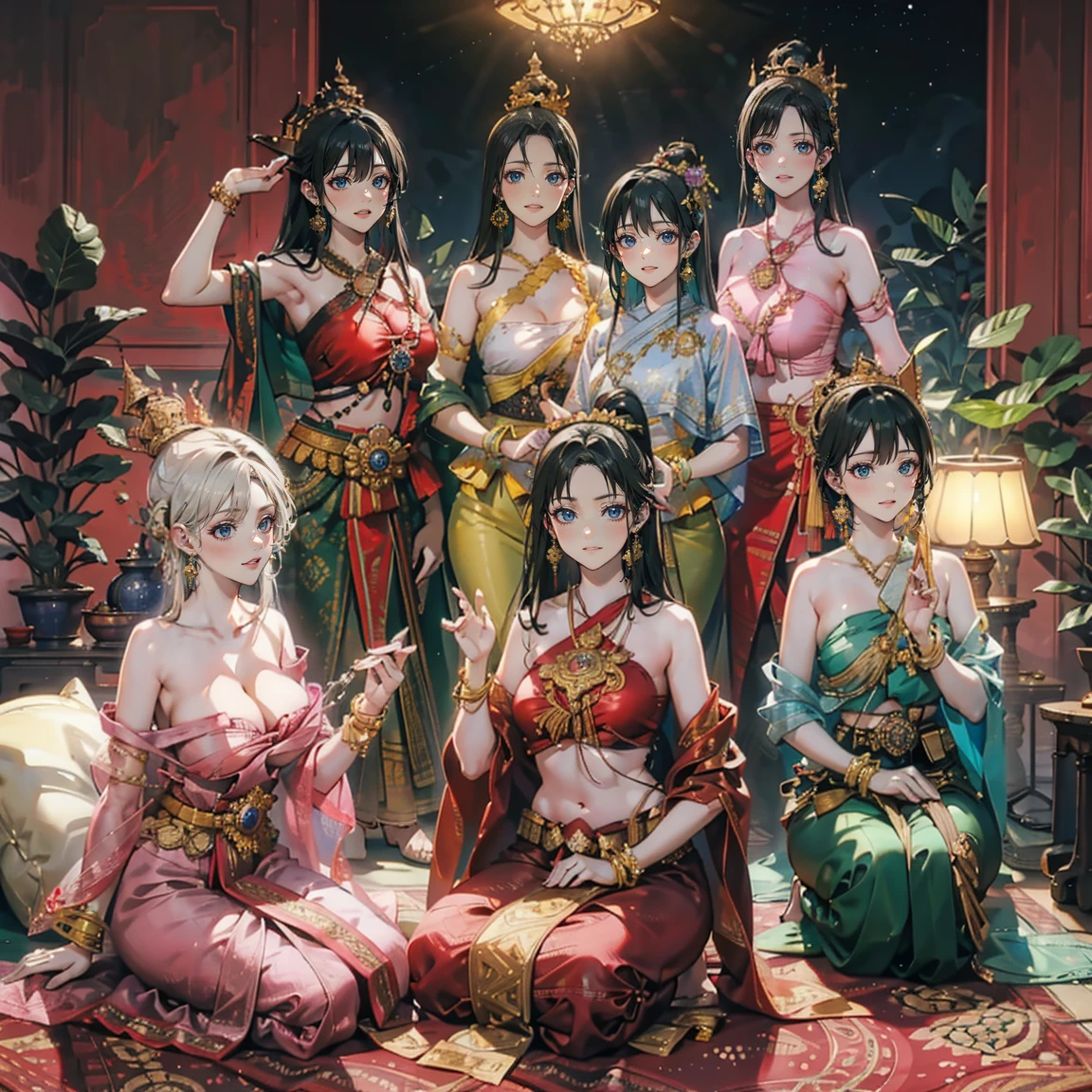 Group of Five  [[NAKED ]]Princesses,(Five young women,Many young women), (In the bedroom), Various Hair Styles, Harem, Wearing a strapless Thai dress.., At night, Detailed face, Big Breasts,Chest curtain, Short skirt, Mule, No sleeve , Show me your armpits, At night, starry At night,(Large areola:1.4,pink,Nipples are clearly visible....),((Various poses)