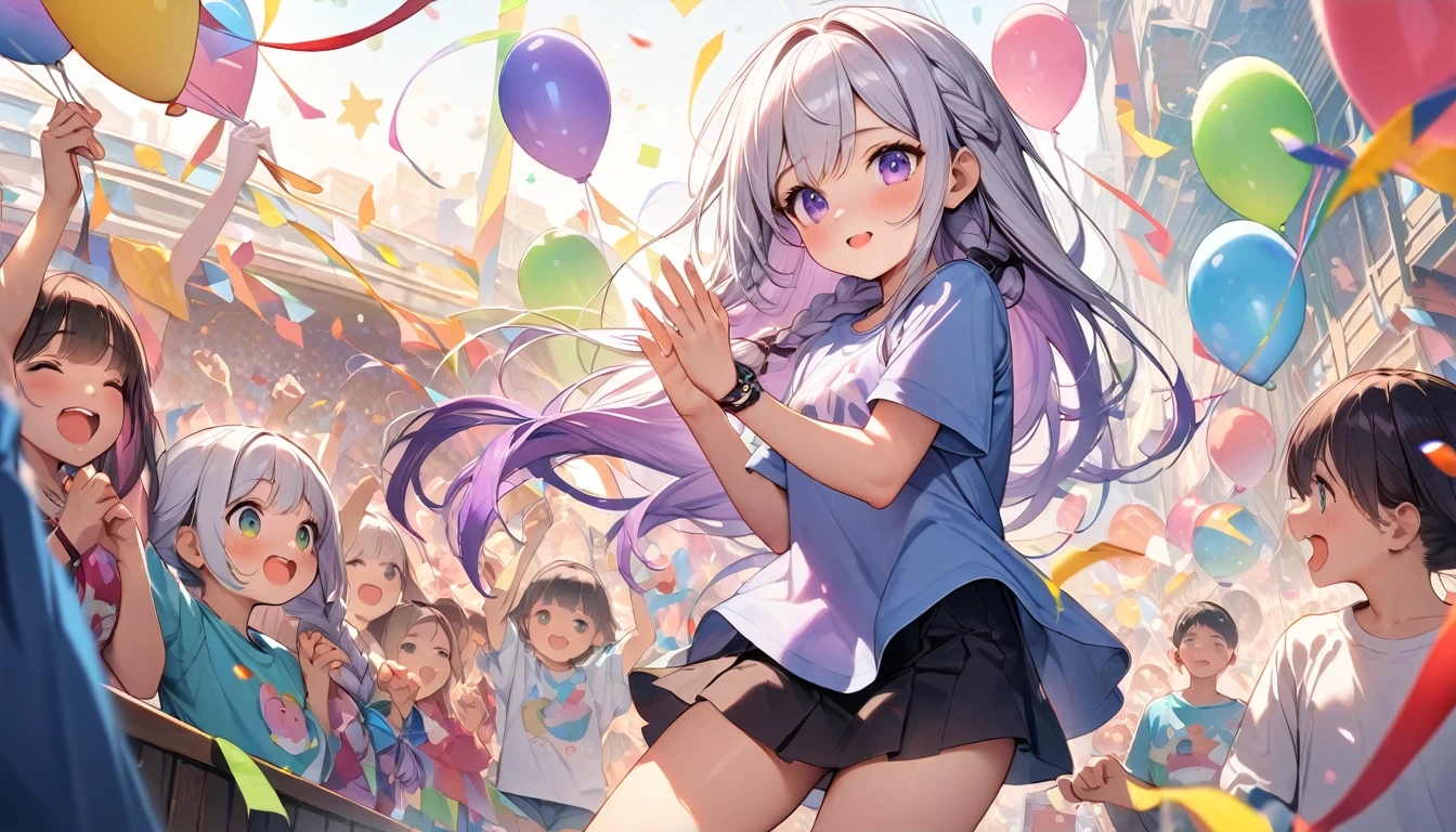 (Best quality, 8K, 32k, masterpiece, Ultra HD:1.3), (Children's Day illustration), Two children in short-sleeved T-shirts and short skirts cheering with their hands raised on the stage, yinji, Purple Hair, Purple Eyes, Long hair, White hair, Double braid, Gradient hair, Bright and warm, There are streamers and balloons everywhere., Crowd cheering. Characters make up only a small part of the picture.