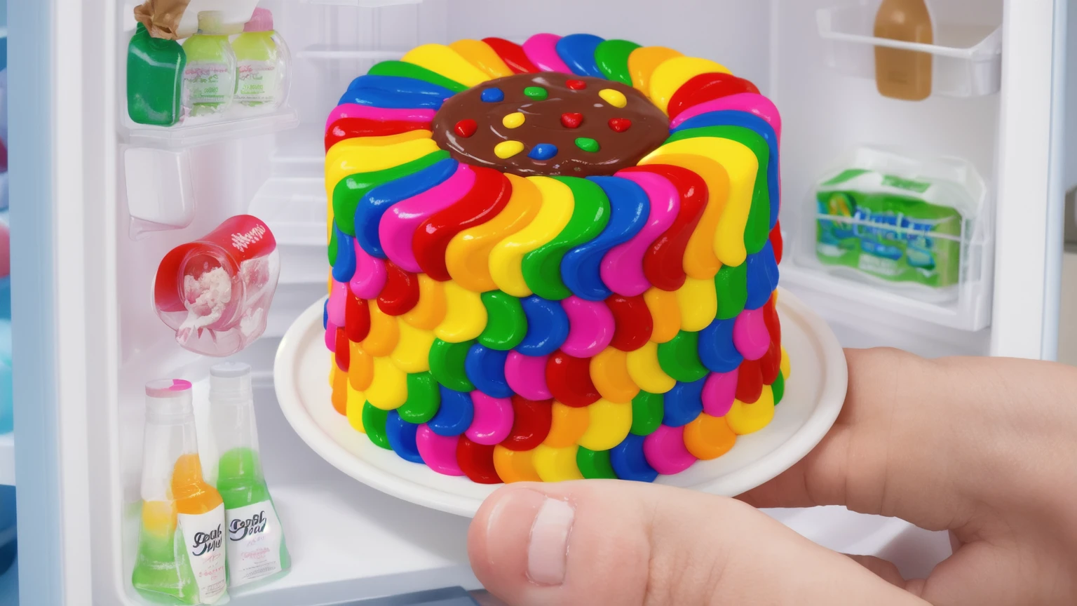 Rainbow cream cake is placed in the refrigerator. smears of cream in a checkerboard pattern, hole with chocolate drips on top, ((cream highlights)), against the background of the refrigerator, Multiple light sources, bright lighting, Realistic style , realistic texture, detailed texture, A high resolution, high quality,