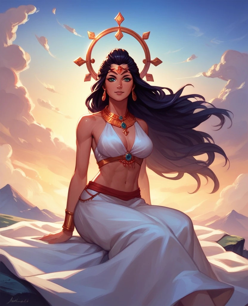 Create a serene and majestic digital art illustration of a powerful, divine figure resembling Hanuman, the Hindu monkey god, sitting in a meditative pose on the edge of a mountain peak. The figure should have distinctive monkey-like features, long hair flowing in the wind, and wear traditional attire with jewelry. The scene should be set high above the clouds, with a panoramic view of distant mountains and a sky filled with soft, warm light from the rising or setting sun. The overall atmosphere should evoke a sense of peace, divinity, and tranquility, highlighting the spiritual strength and calmness of the character."