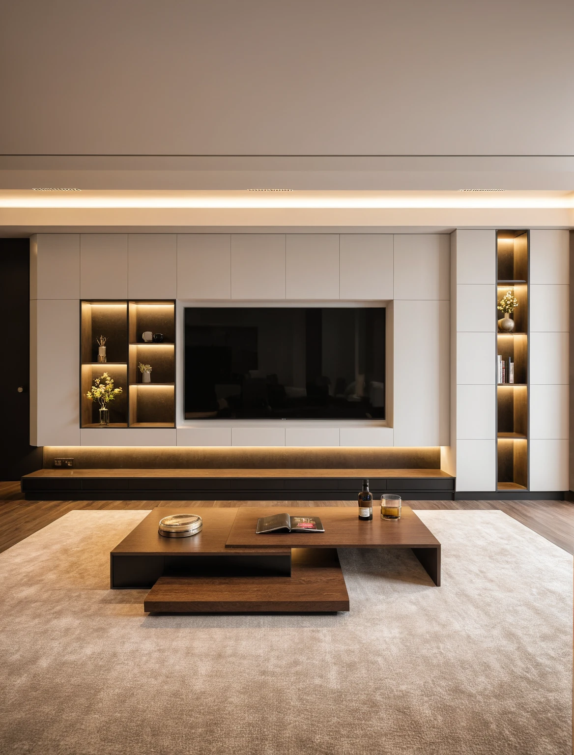 Raw photo,Masterpiece, high quality, best quality, authentic, super detail, interior , sunset, daylight, living room style Modern luxury, TV cabinet, TV, decorative cabinet, books, flower vases, bottles, tea table, tray, wine bottle, open book, carpet, wooden floor, curve, ((white tones))