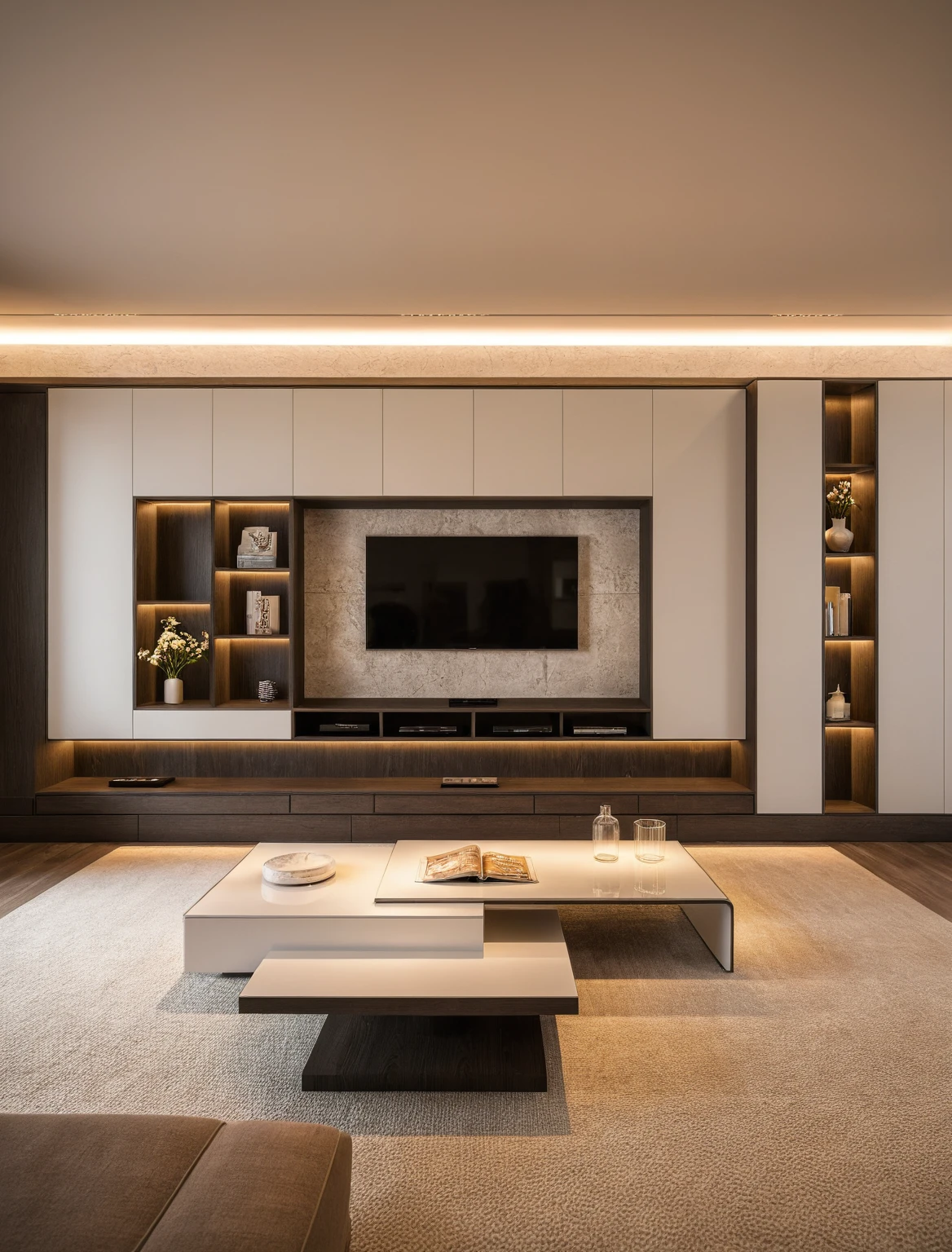 Raw photo,Masterpiece, high quality, best quality, authentic, super detail, interior , sunset, daylight, living room style Modern luxury, TV cabinet, TV, decorative cabinet, books, flower vases, bottles, tea table, tray, wine bottle, open book, carpet, wooden floor, curve, ((white tones))