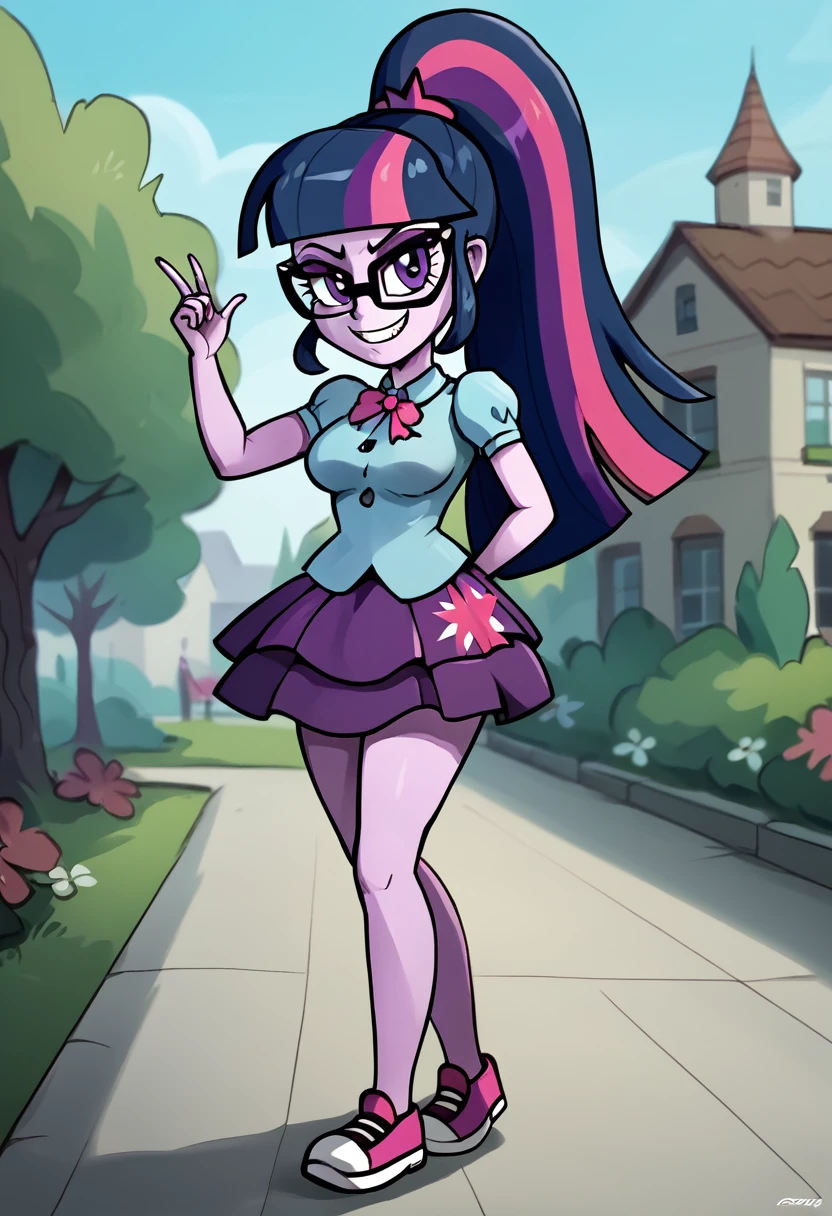 ((High Quality image 10k)) (( perfect autonomy)) Masterpiece, Twilight Sparkle, Solo girl, evil smug smile, ponytail, wearing  black glasses, naked, big breasts, curvy body, Twilight Sparkle Equestria Girls, full body, Standing, in the park, Twilight Sparkle, cuerpo completo, high resolusion