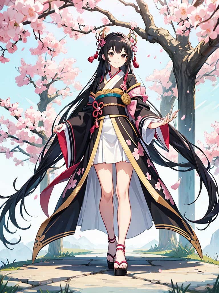 best quality, character design sheet, adult woman、No hat on, Black and pink hair, whole body, Head to Toe, Fortuneteller、Standing facing forward, Beautiful black dress, long Black Hair, whole body, Pure white background, from front, best quality, Standing pose、Cherry blossom pattern、adult、Japanese、Clear eyes、Adult Japanese、Clear eyes、Standing facing forward、The face is facing forward、holding a magic card in hand、White background、Smiling face、Black western dress、Neutral face