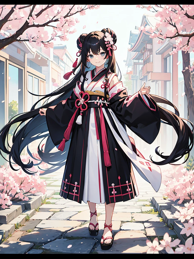 best quality, character design sheet, adult woman、No hat on, Black and pink hair, whole body, Head to Toe, Fortuneteller、Standing facing forward, Beautiful black dress, long Black Hair, whole body, Pure white background, from front, best quality, Standing pose、Cherry blossom pattern、adult、Japanese、Clear eyes、Adult Japanese、Clear eyes、Standing facing forward、The face is facing forward、holding a magic card in hand、White background、Smiling face、Black western dress、Neutral face