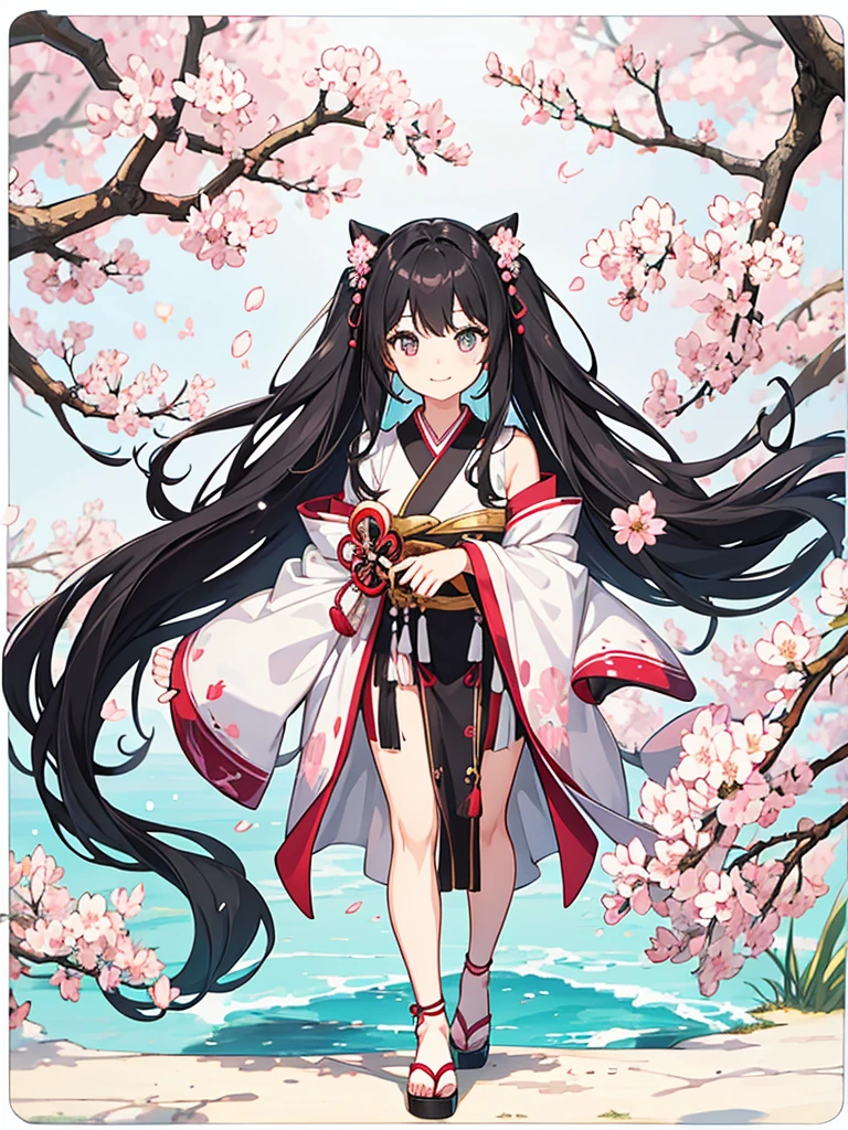 best quality, character design sheet, adult woman、No hat on, Black and pink hair, whole body, Head to Toe, Fortuneteller、Standing facing forward, Beautiful black dress, long Black Hair, whole body, Pure white background, from front, best quality, Standing pose、Cherry blossom pattern、adult、Japanese、Clear eyes、Adult Japanese、Clear eyes、Standing facing forward、The face is facing forward、holding a magic card in hand、White background、Smiling face、Black western dress、Neutral face