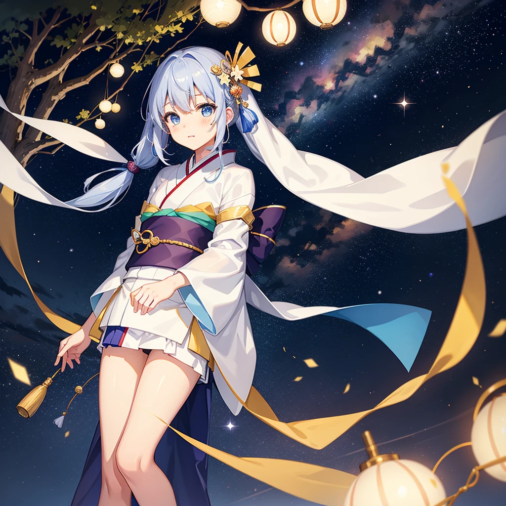 Tanabata Night、A cute girl in a kimono stands by the Milky Way。A wish is written on a strip of paper、The light floating in the starry sky gently illuminates her.。She has a calm expression、I have a wish in my heart。