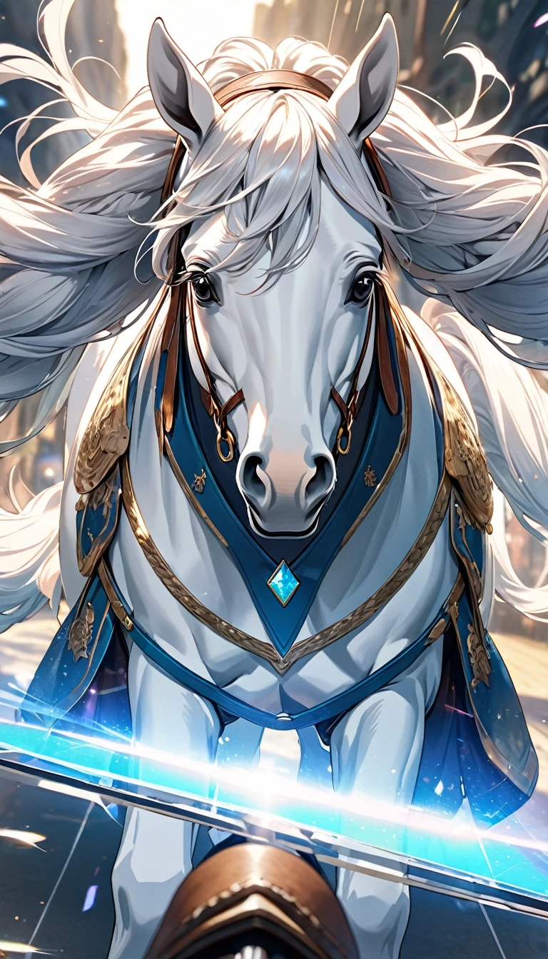 First person view while riding, Shooting on the back of a white horse, BREAK Horse mane braided into twin tails, A perfect twin-tailed white horse, Applied to horse manes, BREAK Detailed and realistic mane texture, Holographic coating pigtails, 