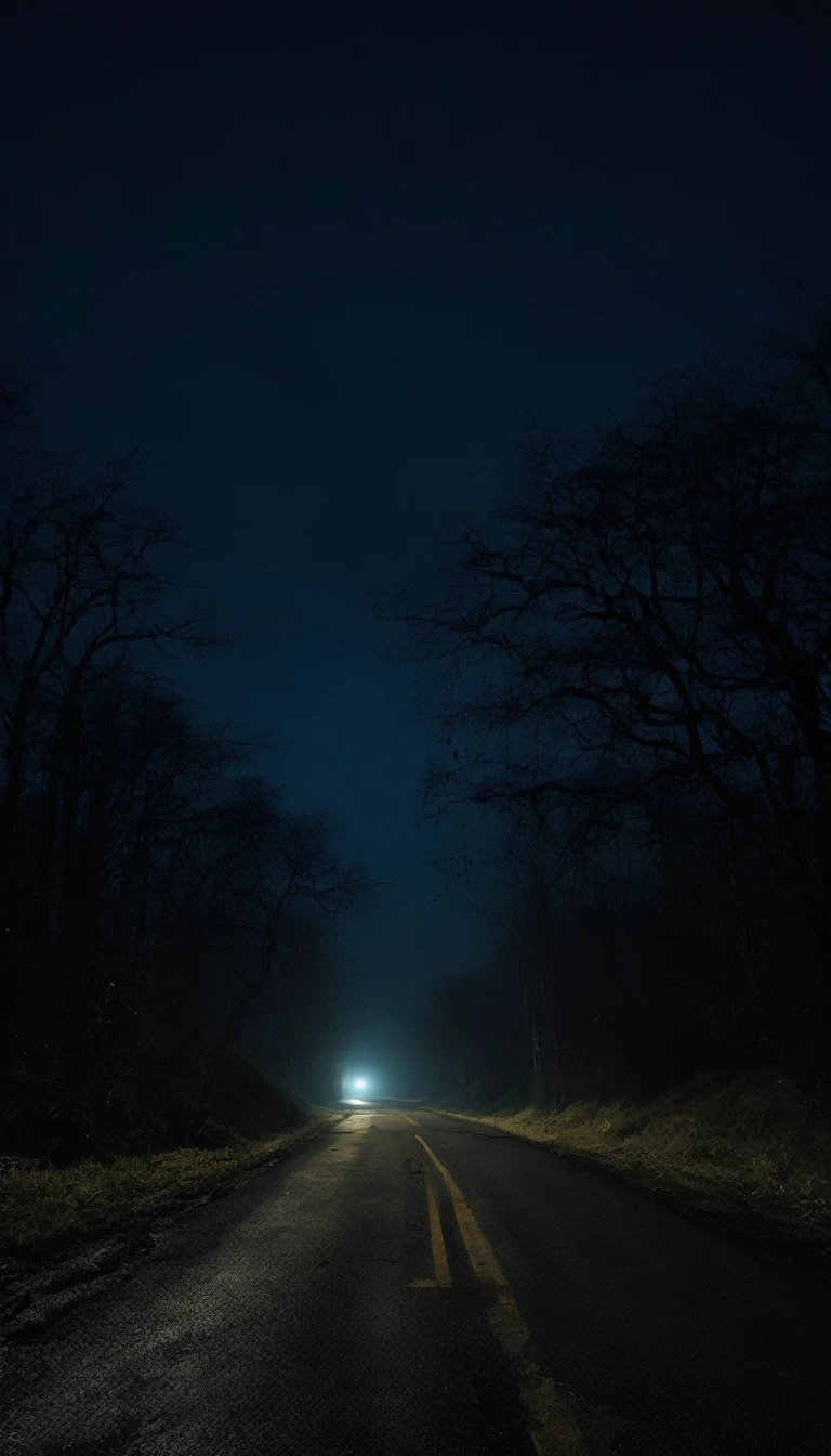 Dark and eerie shot of a deserted road at night.