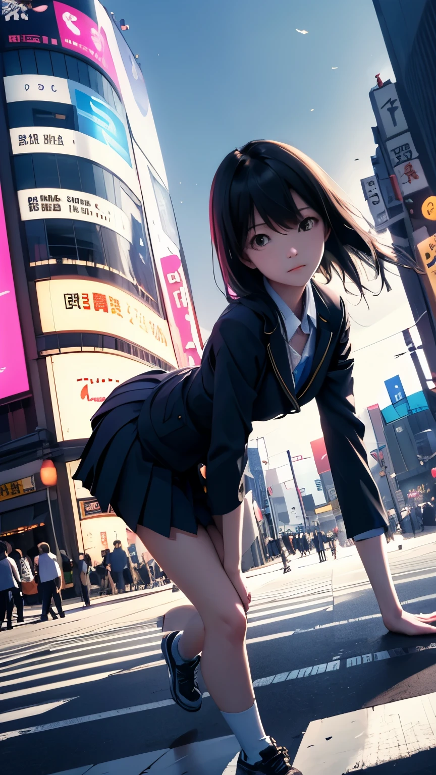 Shibuya Scramble Crossing、((Shooting from a camera placed on the ground))、(Low - Angle)、Beautiful lighting、Dynamic Angles、Photo portrait、sharp、high school girl、Black Hair、Shortcutasterpiece、Highest quality