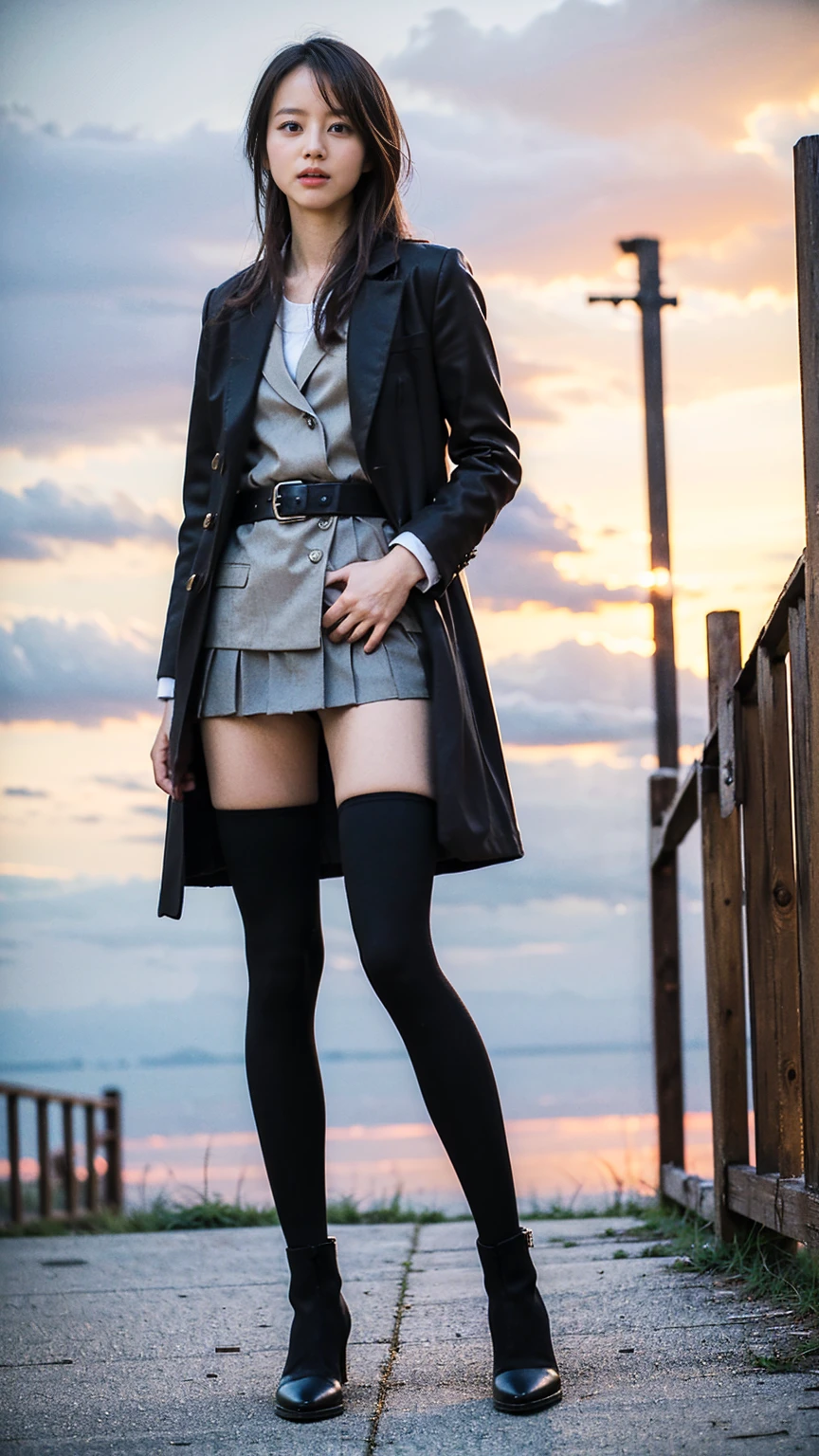 (8K、RAW Photos、Highest quality、masterpiece:1.2)、(Realistic、Realistic)、1 Girl、((Check mini skirt、Long coat、Medium Hair、black、Thin legs、whole body、boots、blackいコート、one piece、tights、Night Park、View from the front、Looking into the camera、belt、Stand with hands on hips))、cute