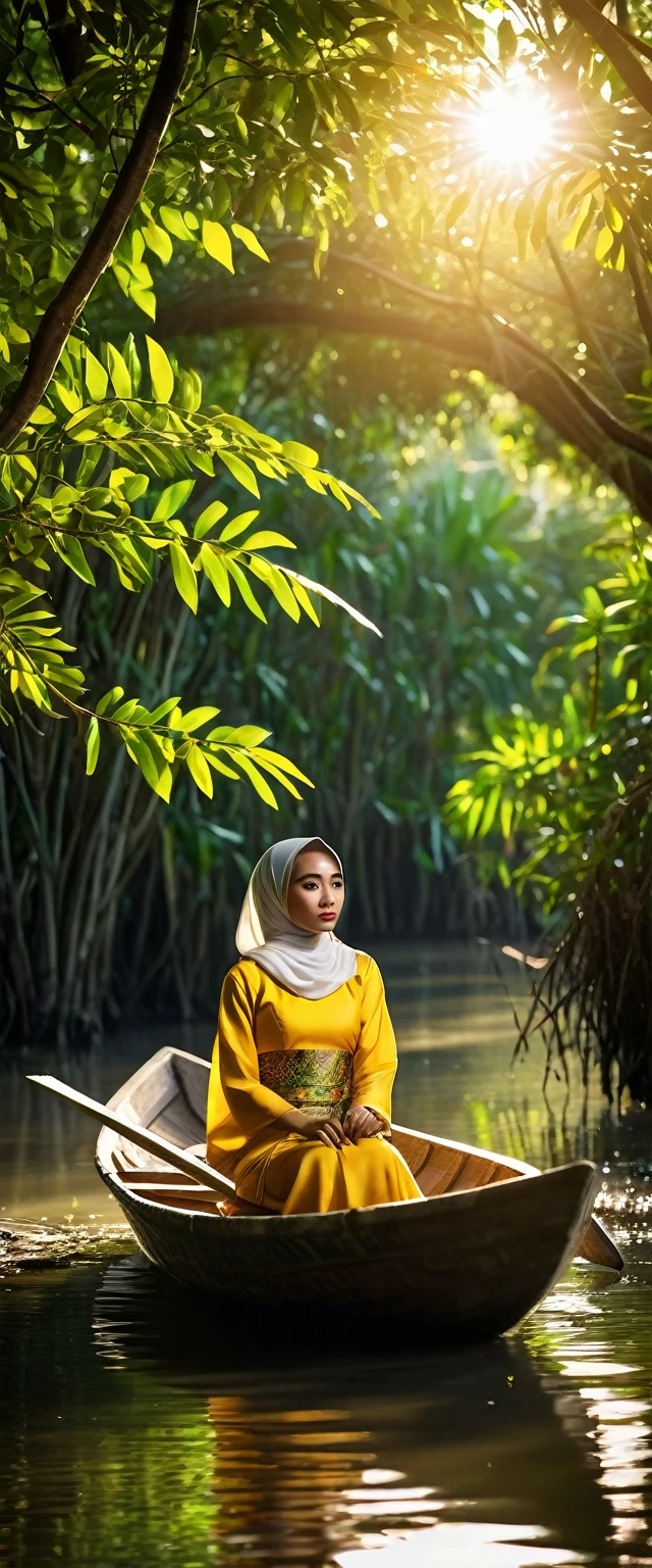 A captivating high-quality photograph showcases a young Malay woman exuding grace and poise as she skillfully rows a wooden boat using a single paddle on a serene mangrove river. Clad in a traditional hijab and baju kurung, she exhibits a sense of tranquility as her crossed legs rest beneath her. The verdant forest canopy overhead casts a warm, golden light upon her, with sun rays filtering through the leaves and creating a captivating shadow that dances on her face. The volumatic light enhances the vibrant colors and intricate details of her attire, the boat, and the surrounding environment, culminating in a truly awe-inspiring and mesmerizing image., photo