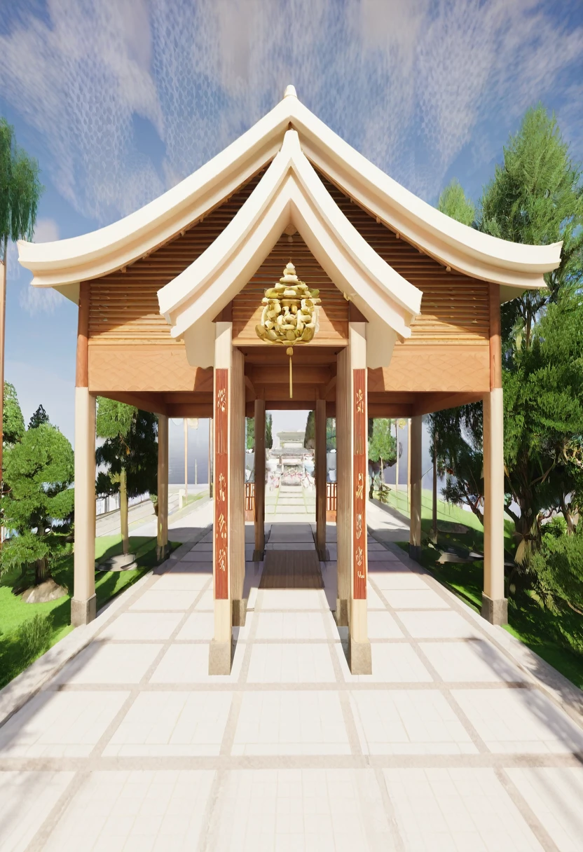 The park has a roofed pavilion and a walkway, Front perspective, Center Torii Gate, shrine, 在 lumion 中Rendering pro, Perspective wide-angle view, 日本shrine, Japanese Temples, Rendering, Front view, Inspired by Torii Kiyomoto, 完全详细Rendering, 在 lumion 中Rendering, detailed Rendering