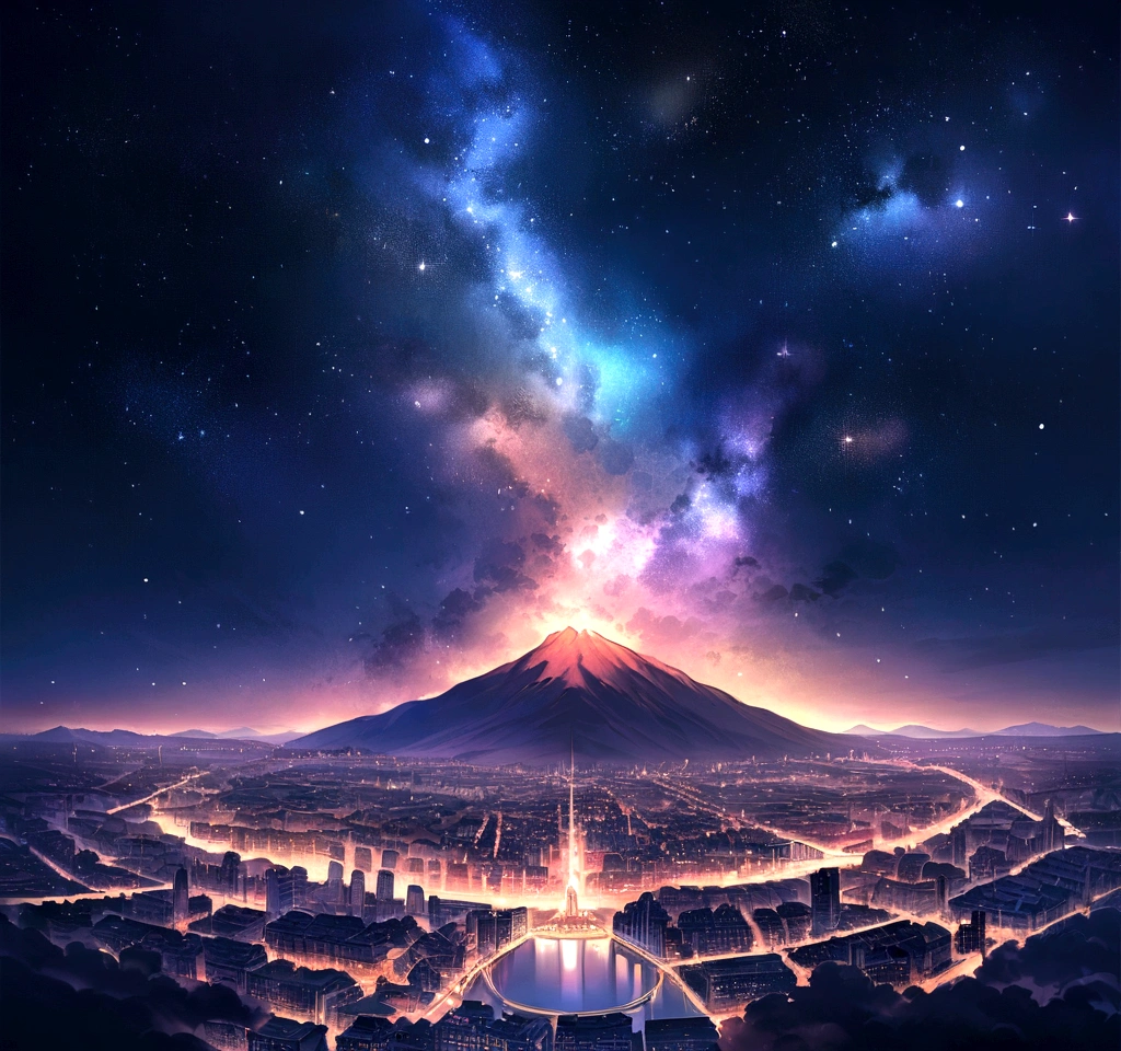 anime,In the city, Starry Sky,Dark Background、There are no humans,Beautiful city lights from above,A thoughtful and beautiful view of the stars,Mysterious,Beautiful Landscape,Breathtakingly beautiful,Feeling the beat through images,The scale of the painting is fascinating, 4K Wallpaper Images.