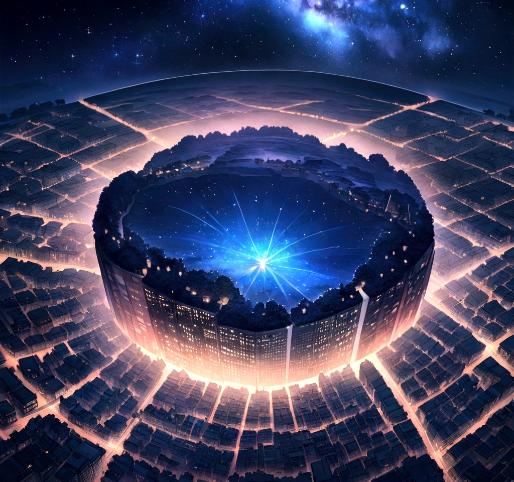 anime,In the city, Starry Sky,Dark Background、There are no humans,Beautiful city lights from above,A thoughtful and beautiful view of the stars,Mysterious,Beautiful Landscape,Breathtakingly beautiful,Feeling the beat through images,The scale of the painting is fascinating, 4K Wallpaper Images.