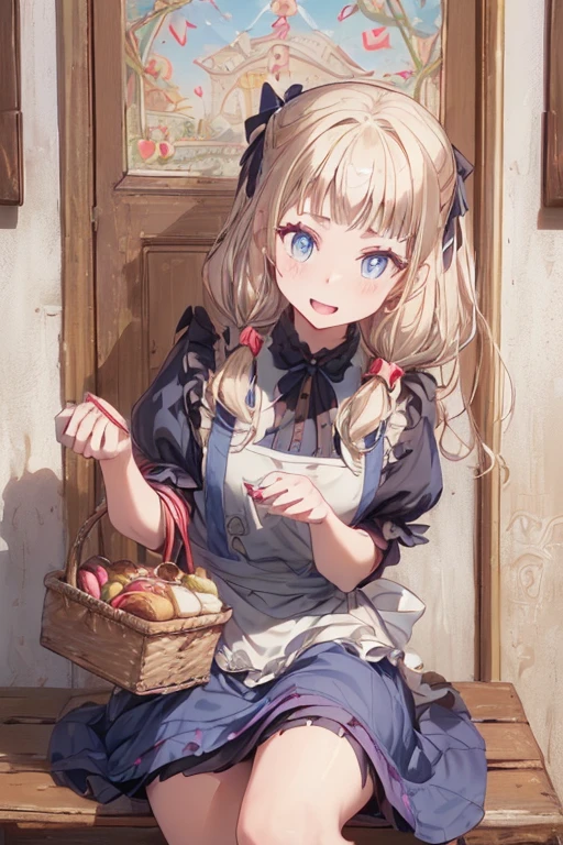 (perky chest:1.2), (pointed chest:1.2),(((Black Tunic:1.3))),(((cakes and bread in the basket),Cute and beautiful girl,Cute round face,Cute smile,with blush cheeks,Red Lip,a girl 22 years old, nsfw:1.2, beautiful body:1.3), shinny skin, BREAK, ((alice in the wonderland:1.3, cute, kawaii, lovely, funny, a girl falling down from sky:1.3, girl flying in sky:1.2, girl floating in air:1.3, rolling upskirt by wind:1.5, (with sparkling eyes and a contagious smile),open mouth, Looking at Viewer, surprised, putting hands on crotch over the skirts:1.35)), BREAK, ((floating things as follows:1.3, PlayingCards, Trump, tea cup, tea pot, tea spoons, pocket watch:1.3, lip sticks, candies:1.2, cookies, jam bottles, classical door_keys)), ((long purply_Blue dress :1.5, wearing long flaired skirt:1.3, the skirt is blowing:1.3, cute White Apron, black stockingedium long platinum-blonde hair:1.2, twin tail hair:1.6, tied hair with a large ribbon), (Blue eyes, bright pupils with highlights, detailed eyes), (lying down on your back:0.7, spreading legs with rising up straight:0.7), sexy posture, fantastic colorful art, (fantasy art:1.2, wondered images), ((correct anatomy:1.5, perfect anatomy:1.3, correct hand, small foot:1.2)),