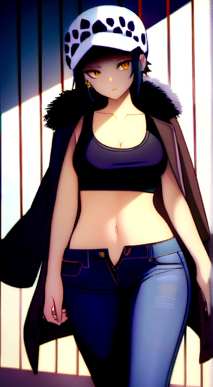 masterpiece, best quality, 8k,highestres, absurdres, extremely detailed, female trafalgar law, solo, looking at viewer, short hair, medium breasts, hat, navel, cleavage, collarbone, earrings, midriff, pants, coat, fur trim, denim, jeans, shoulder tattoo,   black fur-trimmed coat, coat on shoulders, yellow tank top,