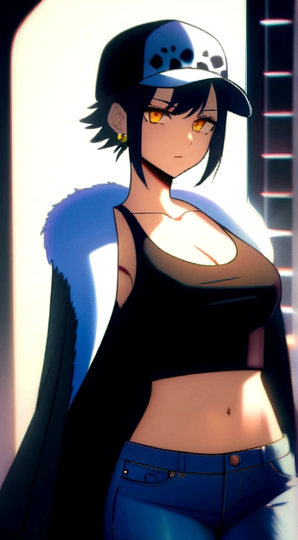 masterpiece, best quality, 8k,highestres, absurdres, extremely detailed, female trafalgar law, solo, looking at viewer, short hair, medium breasts, hat, navel, cleavage, collarbone, earrings, midriff, pants, coat, fur trim, denim, jeans, shoulder tattoo, black fur-trimmed coat, coat on shoulders, yellow tank top,
