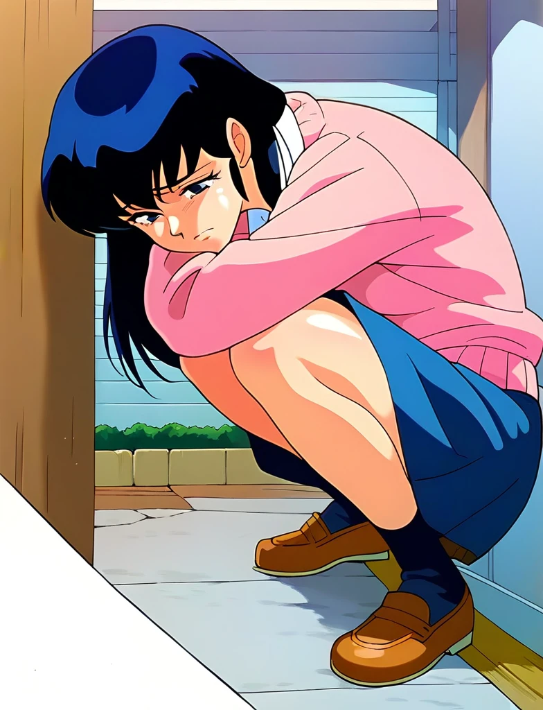 Kyoko,score_9,score_8_superior,score_7_superior,sauce_anime,One girl,alone,View your viewers,Wooden school building,Pink Sweater,White collared shirt,length_skirt,blue skirt,Spread your legs,Dew panties,squat,Sad face,:d,arms_behind_return,