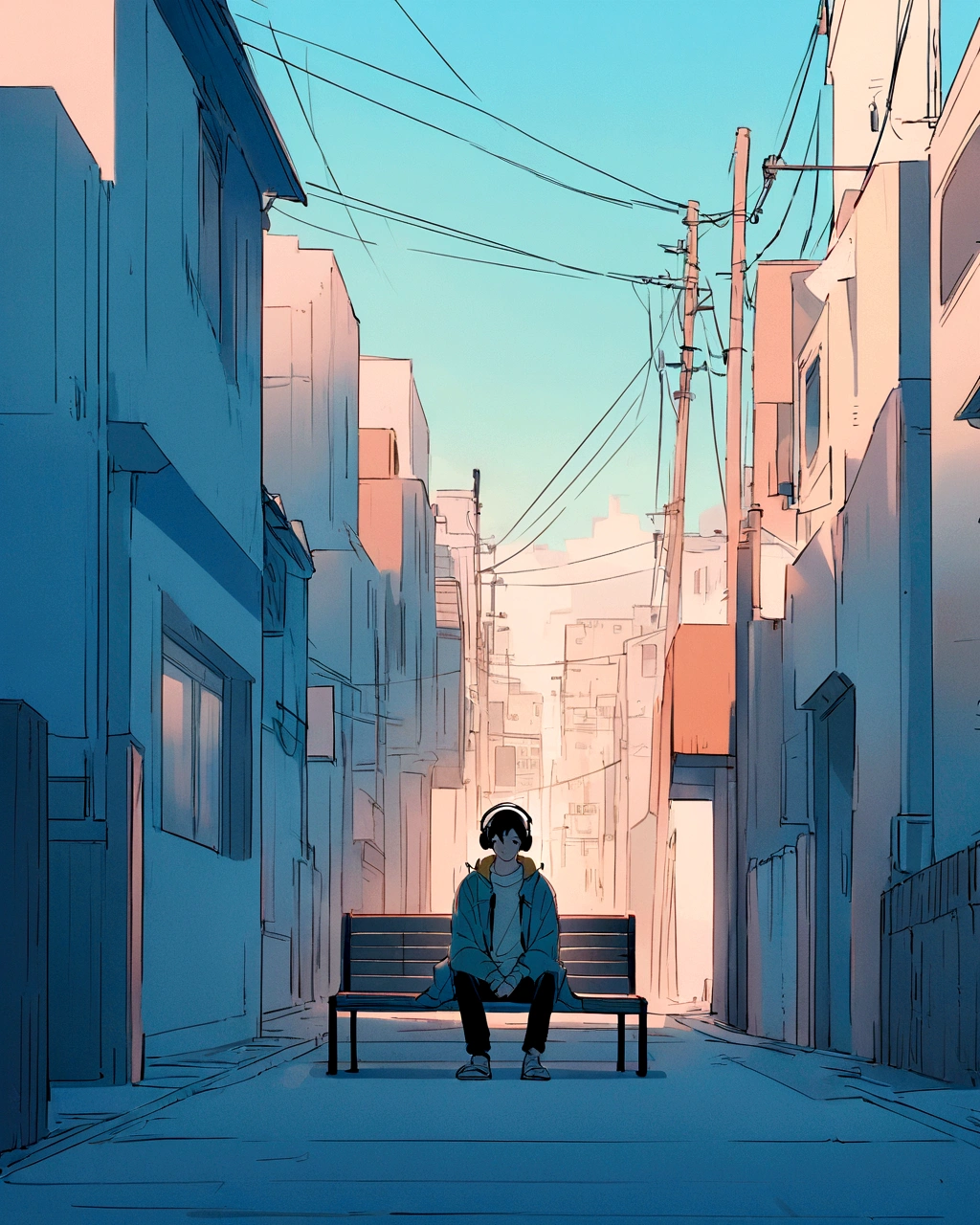 An anime-style illustration of a boy sitting on a bench in an urban setting. He has long, wavy light hair and wears headphones. He is dressed in a casual outfit with a loose-fitting coat over a dark shirt or outfit. The background features a street with buildings and utility poles, drawn with clean, minimalistic lines and pastel colors. The overall color scheme is soft and light, giving the image a serene and relaxed atmosphere."