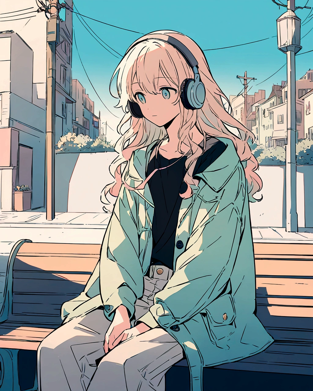 An anime-style illustration of a boy sitting on a bench in an urban setting. He has long, wavy light hair and wears headphones. He is dressed in a casual outfit with a loose-fitting coat over a dark shirt or outfit. The background features a street with buildings and utility poles, drawn with clean, minimalistic lines and pastel colors. The overall color scheme is soft and light, giving the image a serene and relaxed atmosphere."