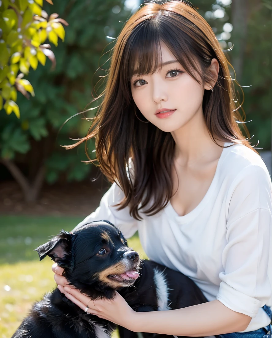Staring at the dog、A woman playing with many small black puppies、Stylish white shirt and jeans、Super delicate dog expression、Being with a dog、A girl and a dog warming themselves by a bonfire、Lens flare、Hair blowing in the wind、Medium Hair、、Expressing the whiteness of one's breath、Photo from the waist up、Night city illumination shot、Cowgirl Shot、Fur coat、豪華なグレーのミンクのFur coat、Wear fine leather boots、Luxury Bags、Inner turtleneck、Silver necklace and small silver earrings Millionaire style:1.4))、Full body photo、smile、 Caustics、Highly detailed photos、Very beautiful woman 、Ample breasts、No makeup、(8K、RAW Photos、Highest quality、masterpiece:1.2)、(Realistic、Realistic)、1 Girl、((Medium Short Hair、Midwinter、Cold region Snow falling、The wind is blowing、Fluttering Hair、Blur the background、Colorful illuminations、Looking into the camera:1.4))、