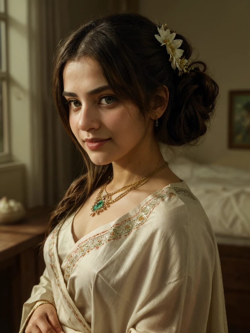 Portrait of A confident-looking white rea chakraborty , actress rea chakraborty, white woman with bun of long and thick brown hair tied behind and covered with flowers, hazel eyes, wearing a traditional green saree, medium cleavage, wearing lots of jewellery, smile on face, lusty look, standing in bedroom, perfect composition, hyperrealistic, super detailed, 8k, high quality, trending art, trending on artstation, sharp focus, studio photo, intricate details, highly detailed, art by greg rutkowski