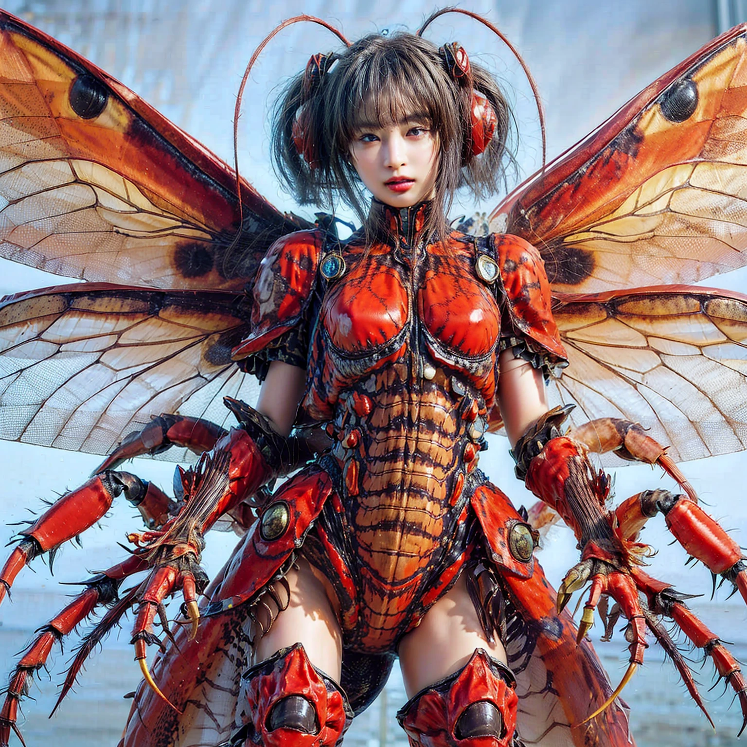 (top-quality:1.2, masterpiece), ultra high res,(Photorealsitic:1.4), (scorpion-like bio animal suit:1.3), heavy weapons,large wings, vivid textures,insect legs, red  hair, glowy skin, fur,japanese girl beautiful face,  ((super realistic intricate details)), full body shot, globalillumination, octan render, ultrasharp, character edge light, Details of complex ornaments, Acrylic Clear Cover, Hydraulic cylinder