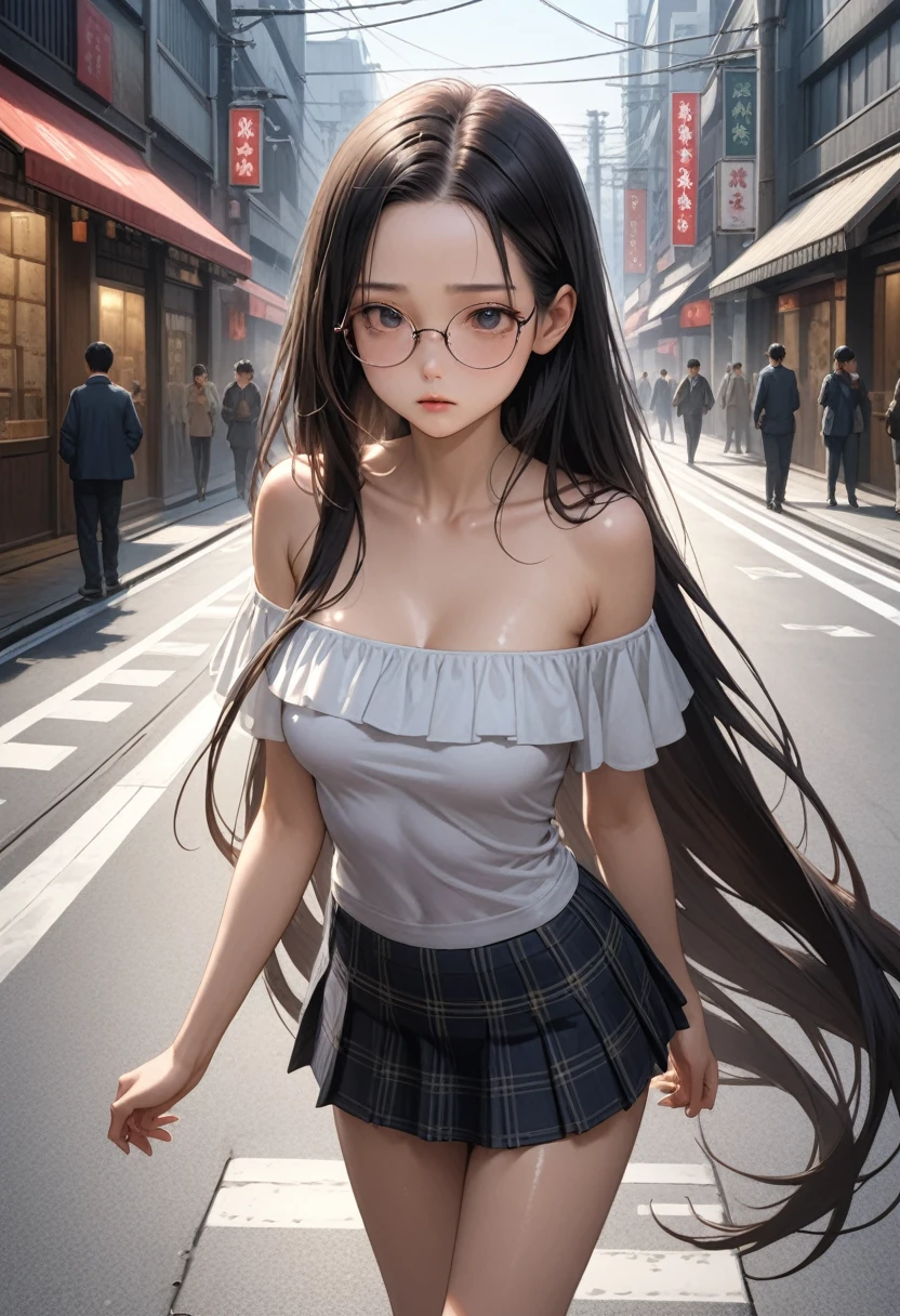((masterpiece,Highest quality:1.3,best illustration,realistic)),1woman、独奏,20 year old Japanese beauty,((very small head:1.3)),center parted bangs,forehead,black hair,long hair,black eyes,gorgeous eyes,Black-rimmed glasses、shy,medium breasts,((very long body:1.2)),((toned body,slender body,skinny)),gleaming skin,shiny skin,oily skin,(off-shoulder white knit、Grey plaid pleated mini skirt),on street,Tokyo、