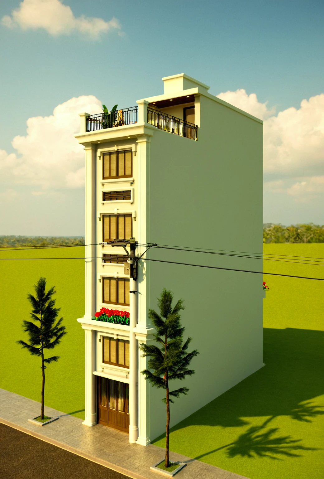 Raw photo,Masterpiece, high quality, best quality, authentic, super detail,
exterior, outdoors, house style indochine on the street ,aiaigroup
road,pavement, grass, trees, sky, cloud, (day:1.1), vivid colour,