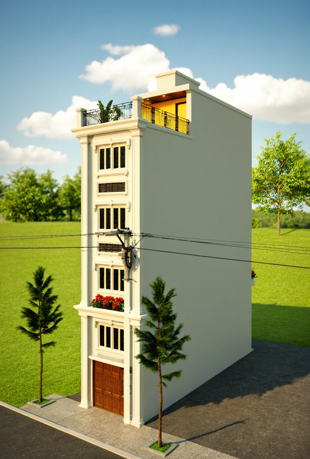 Raw photo,Masterpiece, high quality, best quality, authentic, super detail,
exterior, outdoors, house style indochine on the street ,aiaigroup
road,pavement, grass, trees, sky, cloud, (day:1.1), vivid colour,