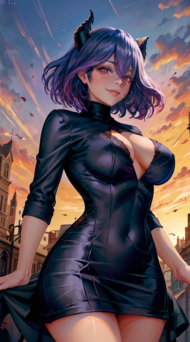 Vermeil, secubus, 27 year old woman has black horns, has a devil's tail, short hair, two-colored hair. blue hair, purple hair tips, multicolor, red eyes, wearing black dress, dress made from sweater material, beautiful, beautiful woman, perfect body, perfect breasts, smiling, realism, masterpiece, textured leather, super detail, high detail , high quality, best quality, 1080p, 16k