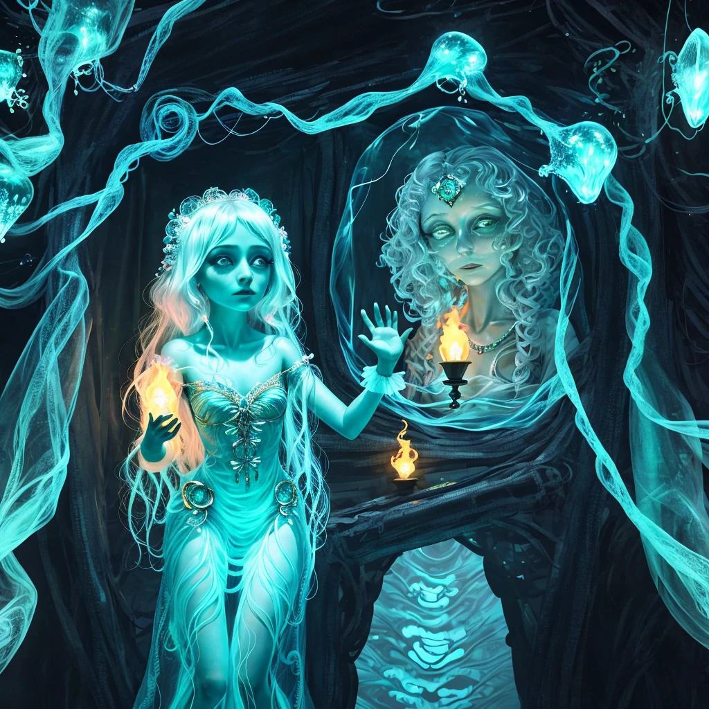 Translucent, bioluminescent woman with a mystique that would charm the rockiest soul depicted in a voluminous opulent costume conducting an outlandish, extraterrestrial autopsy in the confines of a conspicuously unassuming bedroom, appearing as a tiny doll in a concealing princely garment. Her oversized, compelling eyes feature an ethereal expression. Ensconced in an atmosphere rendered swirling with surreal