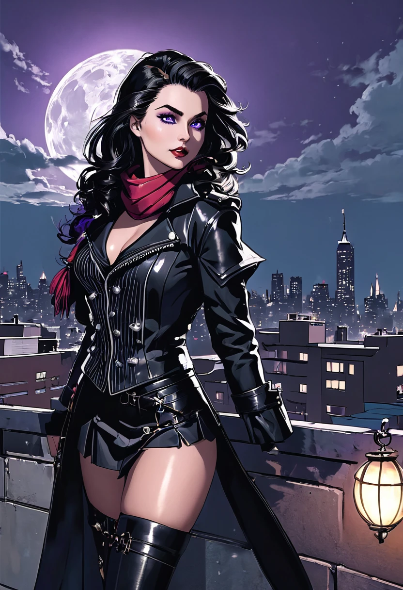 /imagine prompt: A vampire with white skin, gray eyes, dressed in a black and white striped blouse, a black biker jacket, a knee-length tight skirt, and high boots. She carries a Darksword on her back and a bag filled with magical tools and materials. Her long black wavy hair adorned with a red scarf, a vampire hunter. Next to her, a young blonde witch with wavy hair and sky-blue eyes, appearing to be 25 years old, of North American descent, donning 1950s witch attire in shades of purple and black. Both girls are on a New York City rooftop at night, with the full moon and cityscape in the background, Illustration, depicting the vampire hunter and witch in a dynamic and mysterious rooftop scene, blending elements of vampire hunting and witchcraft against the urban backdrop, --ar 16:9 --v 5