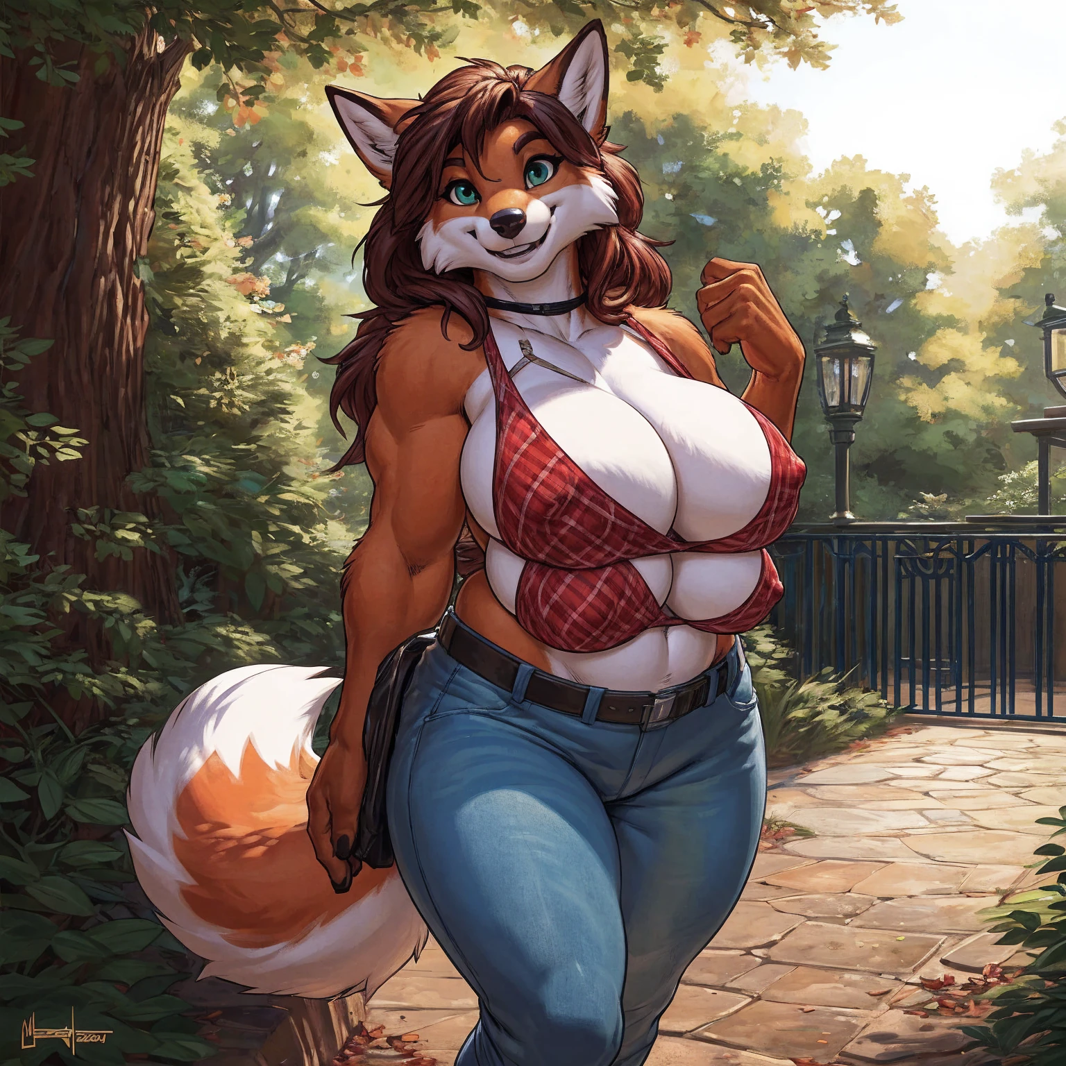 8K, ((masterpiece)), ((stunning artwork)), (carefully drawn), (highly detailed), uploaded to e621.net, solo, by darkgem, by BNG, by meesh, by boosterpang, by gideon, by wfa, vixen, short woman, shortstack, older woman, milf, curvy, thick, orange fur, white markings, dark red hair, long hair, green eyes, perfect eyes, (four breasts:1.4), (quadboob:1.2), top breasts are larger, huge breasts, nipple outline, older woman, furry body, wide body, wide hips, thick thighs, big arms, (huge breasts:1.1), heavy breasts, nipple outline, highly detailed eyes, milf, tank top, bare midriff, cleavage, large areolae, blue jeans, lowrise jeans, bare midriff, visible thong straps, Masterpiece, best quality, absurd res, highly detailed, cleanly drawn eyes, park environment, cute smile, standing upright, casual posture, buff, barefoot, standing upright, digitgrade, four toes, fluffy fox tail,