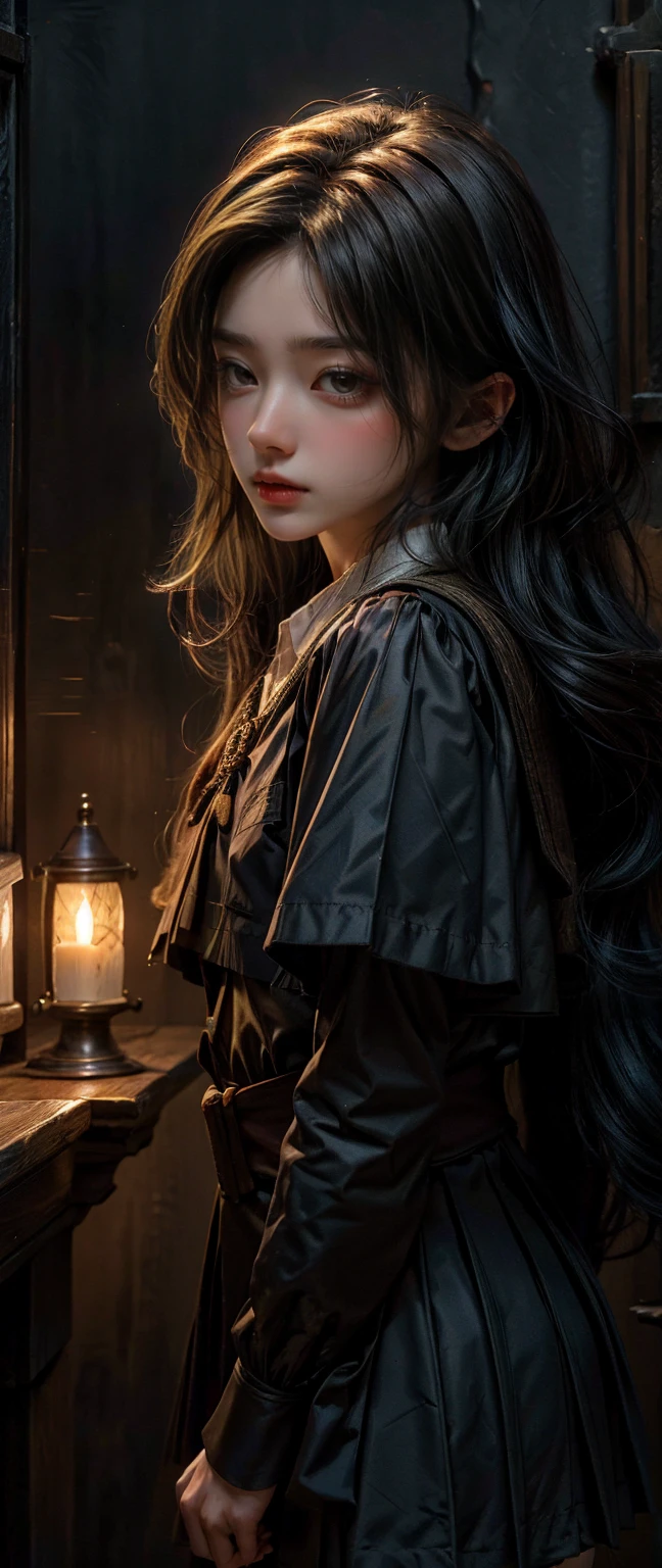 Highest quality, Highest picture quality, high resolution, realistic, 8K, Highly detailed,In a small dark medieval room, long golden hair, blue school uniform