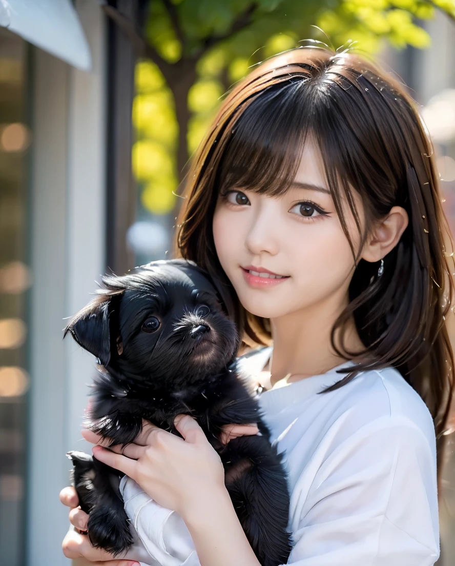 A woman playing with many small black puppies、Stylish white shirt and jeans、Super delicate dog expression、Lens flare、Hair blowing in the wind、Medium Hair、、Expressing the whiteness of one&#39;s breath、Photo from the waist up、Night city illumination shot、Cowgirl Shot、Fur coat、豪華なグレーのミンクのFur coat、Wear fine leather boots、Luxury Bags、Inner turtleneck、Silver necklace and small silver earrings Millionaire style:1.4））、Full body photo、smile、 Caustics、Highly detailed photos、Very beautiful woman 、Ample breasts、No makeup、(8K、RAW Photos、Highest quality、masterpiece:1.2)、(Realistic、Realistic)、1 Girl、((Medium Short Hair、Midwinter、Cold region Snow falling、The wind is blowing、Fluttering Hair、Blur the background、Colorful illuminations、Looking into the camera:1.4))、
