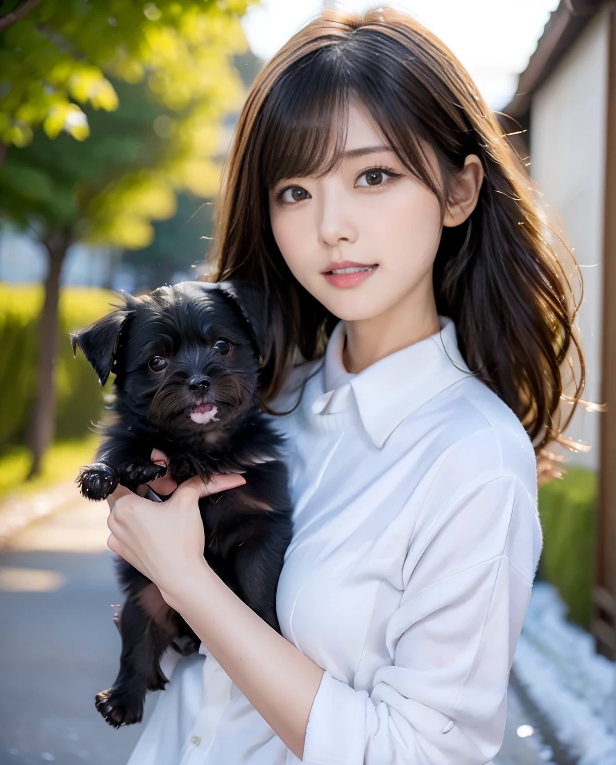 A woman playing with many small black puppies、Stylish white shirt and jeans、Super delicate dog expression、Lens flare、Hair blowing in the wind、Medium Hair、、Expressing the whiteness of one&#39;s breath、Photo from the waist up、Night city illumination shot、Cowgirl Shot、Fur coat、豪華なグレーのミンクのFur coat、Wear fine leather boots、Luxury Bags、Inner turtleneck、Silver necklace and small silver earrings Millionaire style:1.4））、Full body photo、smile、 Caustics、Highly detailed photos、Very beautiful woman 、Ample breasts、No makeup、(8K、RAW Photos、Highest quality、masterpiece:1.2)、(Realistic、Realistic)、1 Girl、((Medium Short Hair、Midwinter、Cold region Snow falling、The wind is blowing、Fluttering Hair、Blur the background、Colorful illuminations、Looking into the camera:1.4))、
