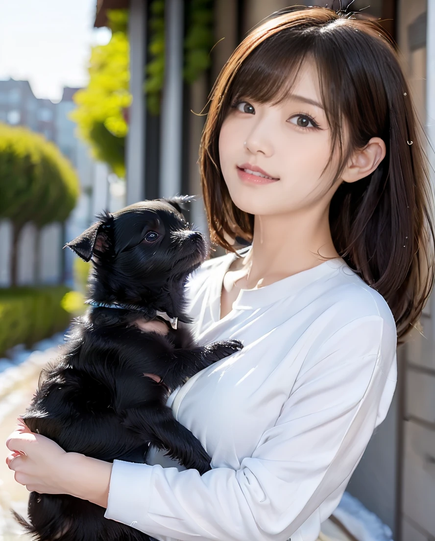 A woman playing with many small black puppies、Stylish white shirt and jeans、Super delicate dog expression、Lens flare、Hair blowing in the wind、Medium Hair、、Expressing the whiteness of one&#39;s breath、Photo from the waist up、Night city illumination shot、Cowgirl Shot、Fur coat、豪華なグレーのミンクのFur coat、Wear fine leather boots、Luxury Bags、Inner turtleneck、Silver necklace and small silver earrings Millionaire style:1.4））、Full body photo、smile、 Caustics、Highly detailed photos、Very beautiful woman 、Ample breasts、No makeup、(8K、RAW Photos、Highest quality、masterpiece:1.2)、(Realistic、Realistic)、1 Girl、((Medium Short Hair、Midwinter、Cold region Snow falling、The wind is blowing、Fluttering Hair、Blur the background、Colorful illuminations、Looking into the camera:1.4))、
