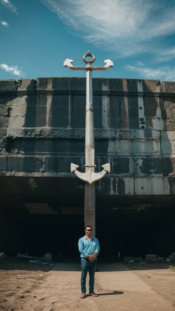 An anchor and a man standing next to it 