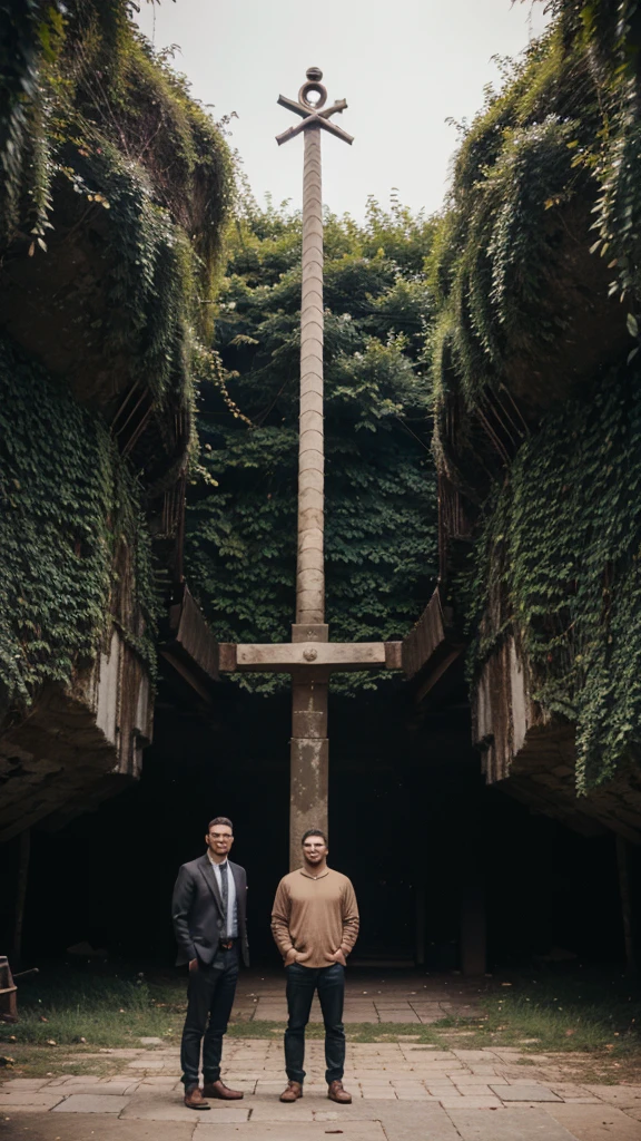 An anchor and a man standing next to it 